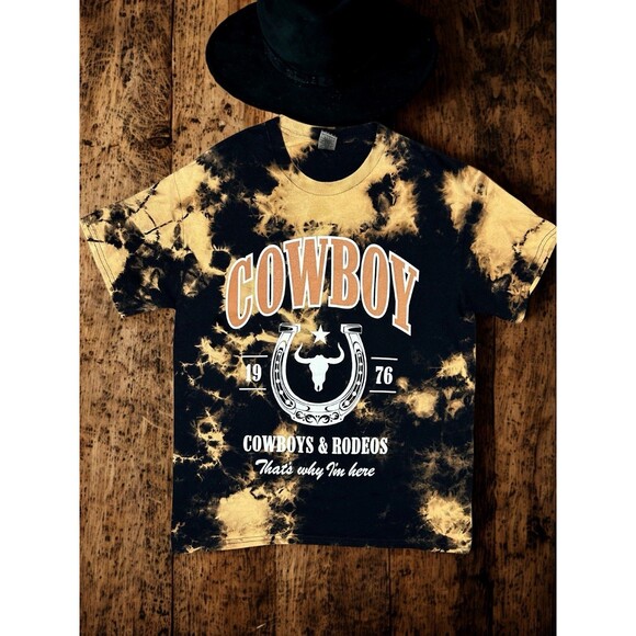 Cowboy Rodeo Tie Dye Graphic T-Shirt Gildan Heavy Cotton Size M Bleach Dyed - Picture 1 of 6
